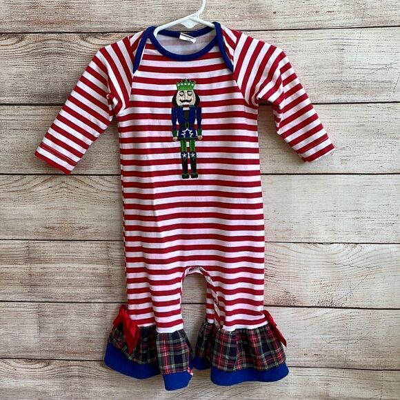 RICRAC & RUFFLES APPLIQUED NUTCRACKER ROMPER IN RED AND WHITE STRIPES - Picture 1 of 7